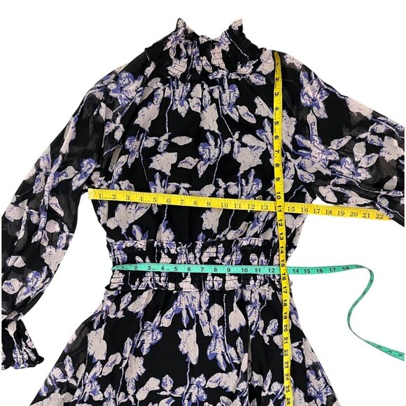 O.P.T Anthropologie Black Purple Floral Smocked Midi Dress Long Sleeve M - Picture 9 of 10